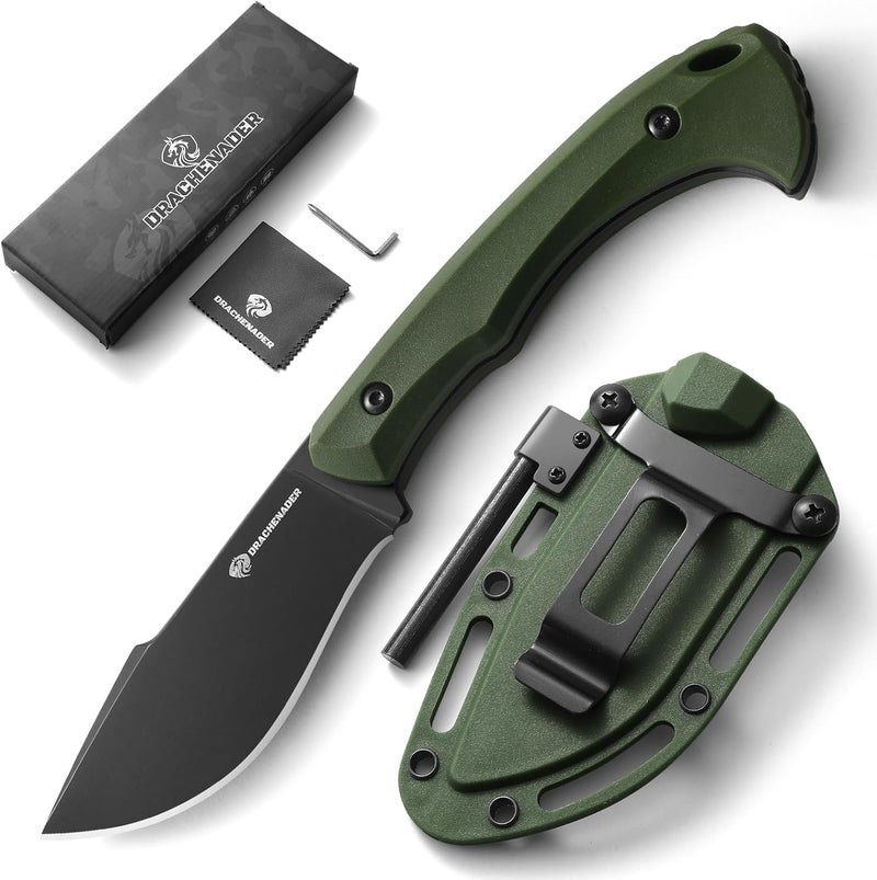 DRACHENADER 7.68" Small Fixed Blade Knife with Fire Starter L-Y, Full Tang Survival Knife w/Sheath and Clip, Camping, Green+ Black - Image 1